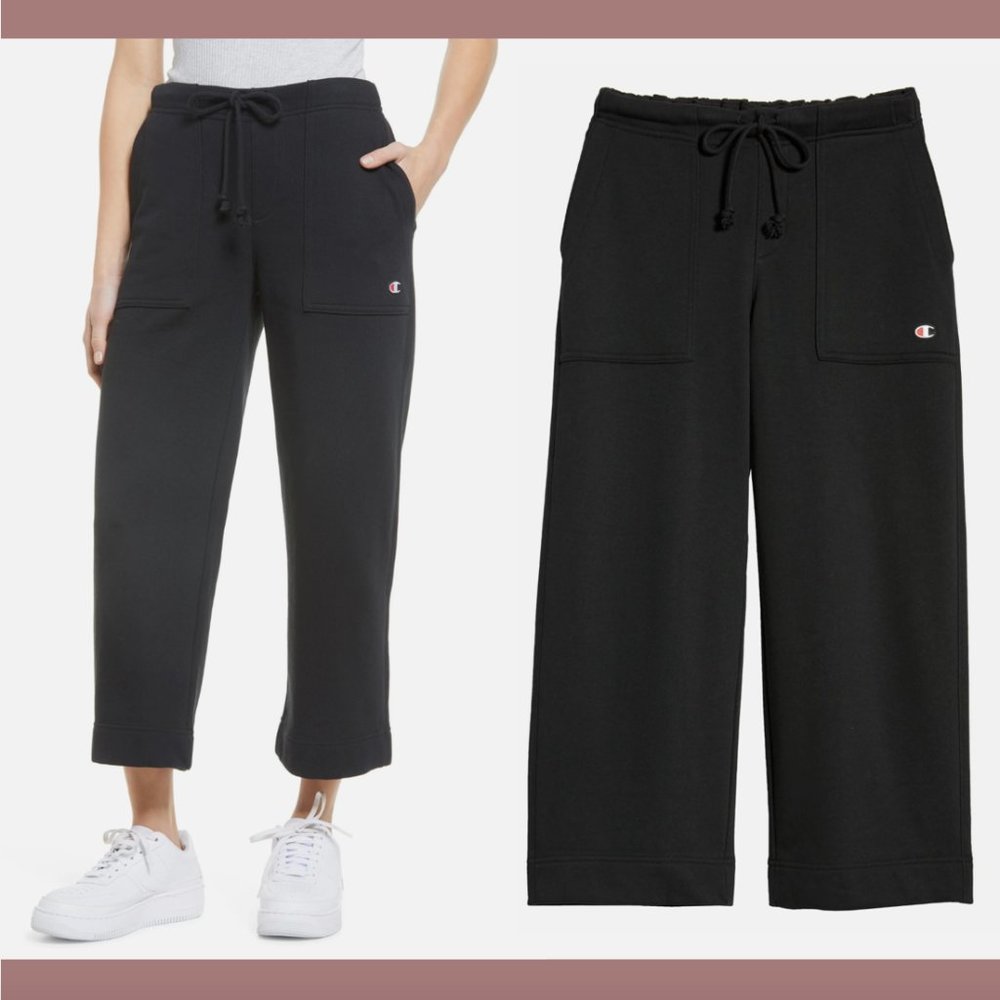 NWT $55 Champion [‎ Small ] Super Fleece Wide Leg Cropped Pants in Black #Q405